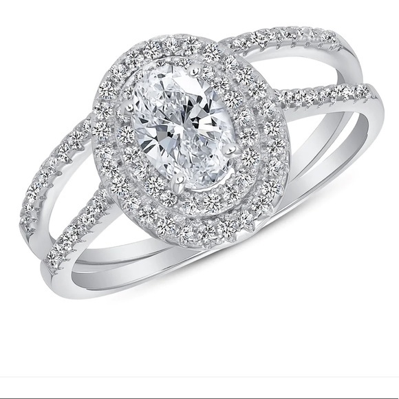 Silver 925 Rhodium Plated Oval Solitaire Cubic Zirconia 2 Piece Wedding Ring